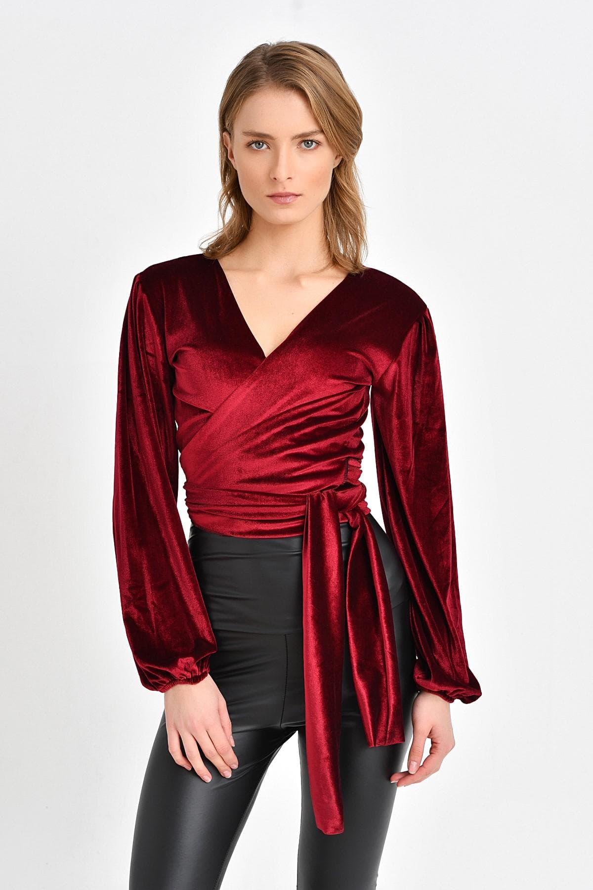 BORDO KADİFE ANVELOP BLUZ - 3