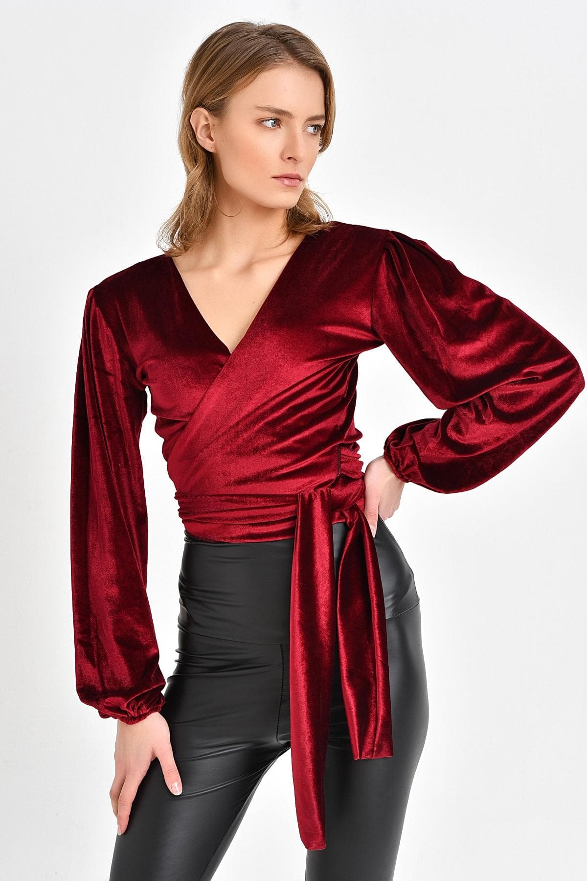 BORDO KADİFE ANVELOP BLUZ - 2