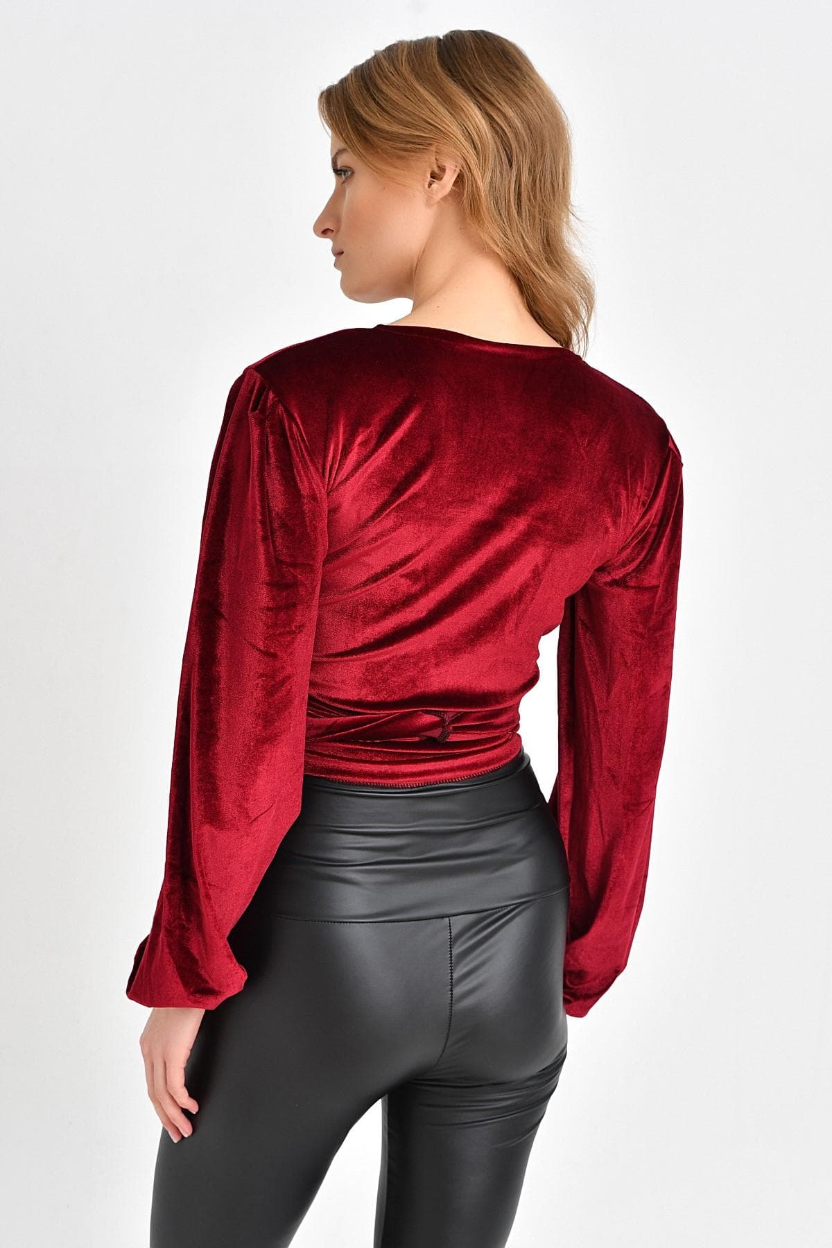 BORDO KADİFE ANVELOP BLUZ - 4