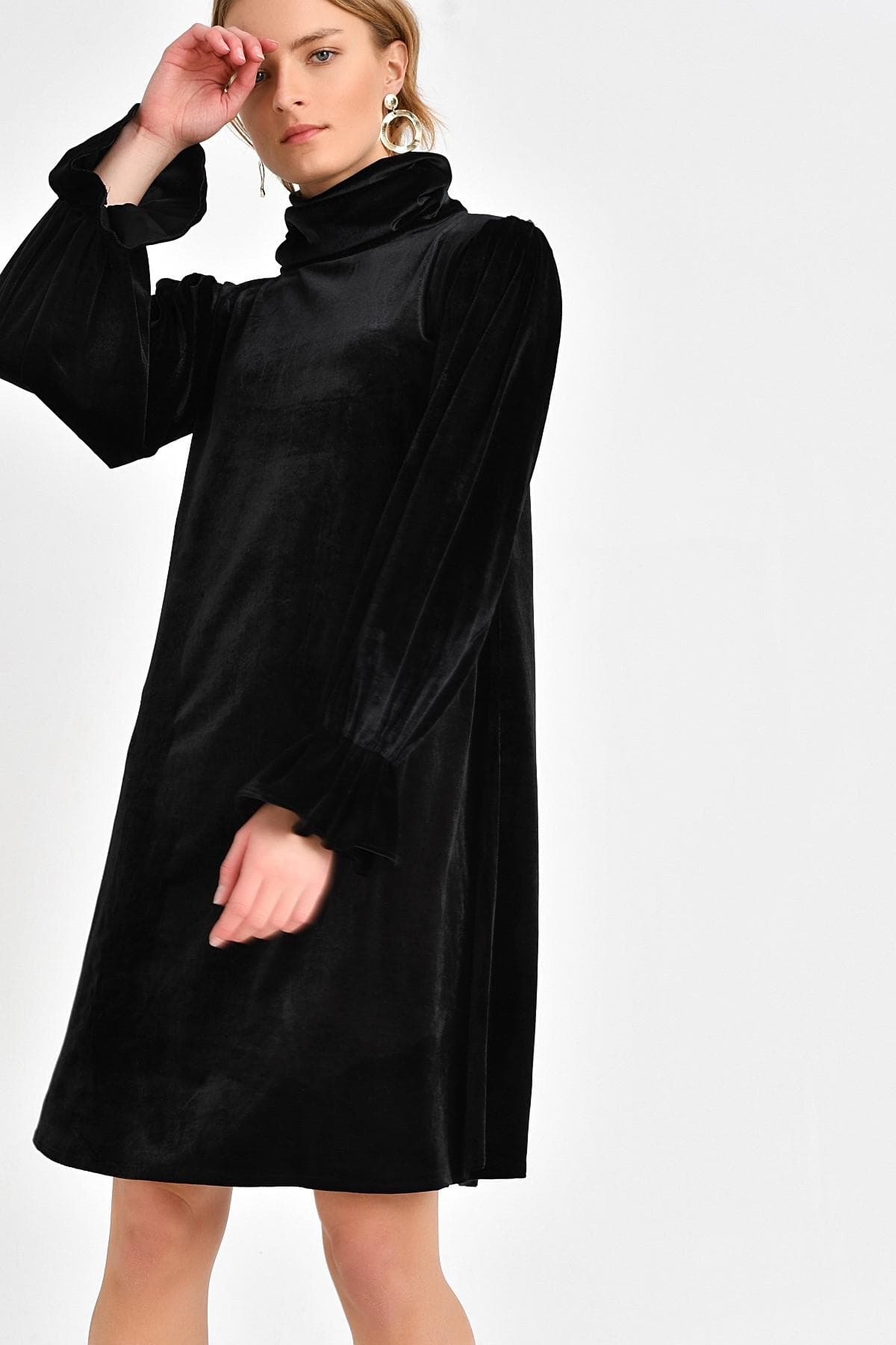 KOL DETAYLI KADİFE ELBİSE  - 2