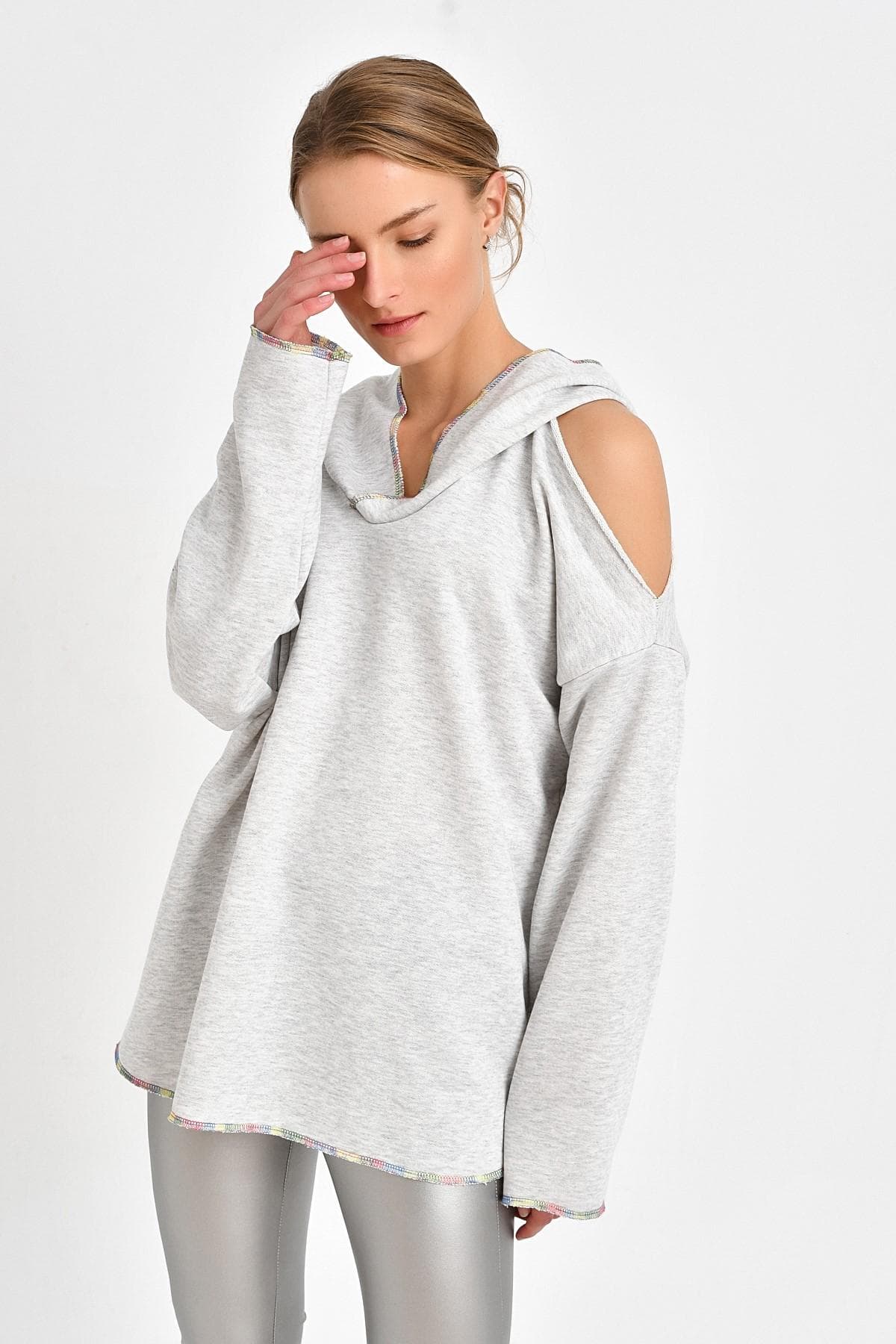 OMUZ DETAYLI GRİMELANJ SWEATSHİRT - 2