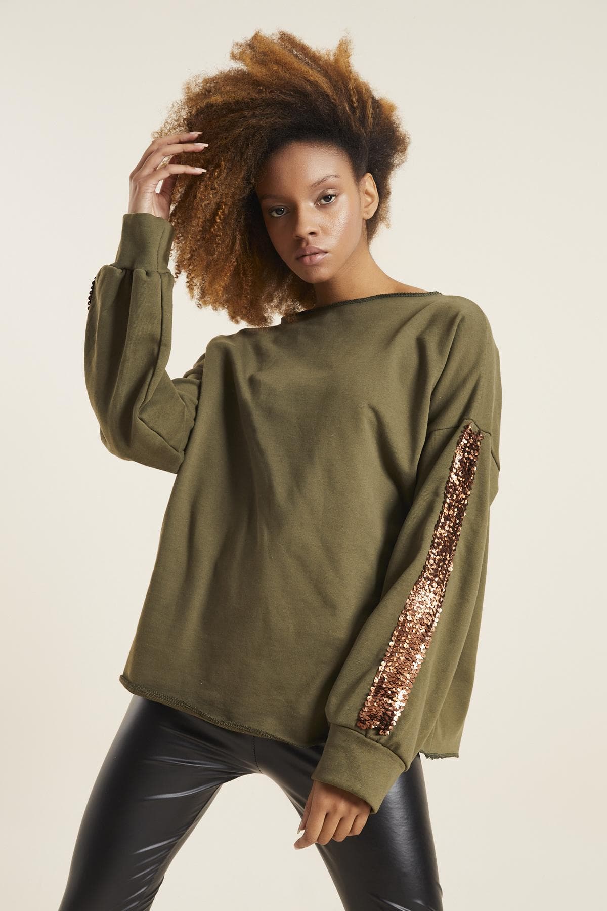 BAKIR KOL DETAY HAKİ SWEATSHIRT - 2