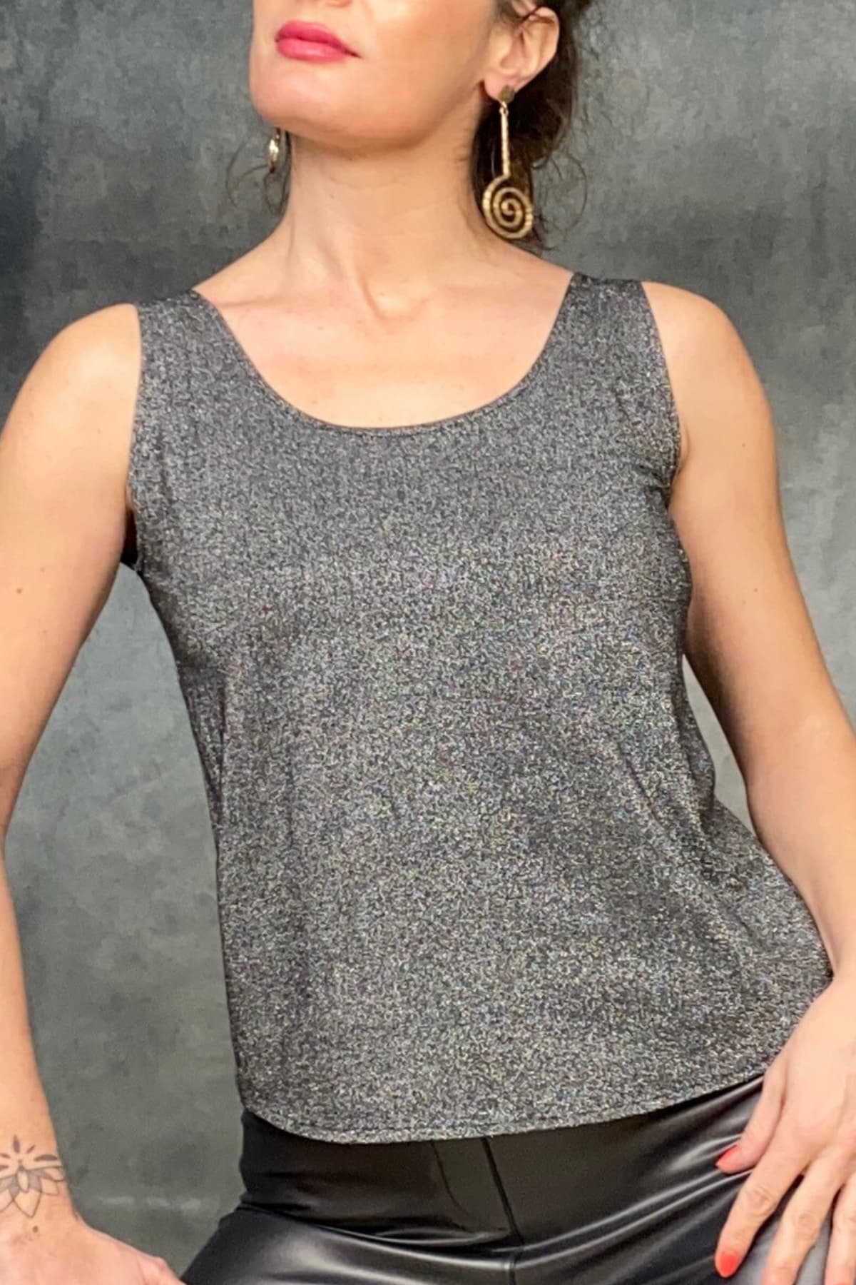GÜMÜŞ PIRILTILI BODY SİMLİ ATLET  - 1