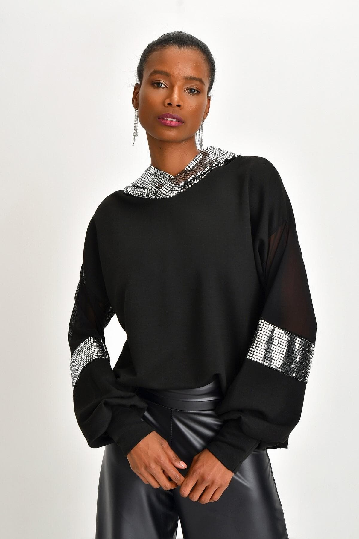 LAME SİYAH IŞILTILI SWEATSHIRT - 4