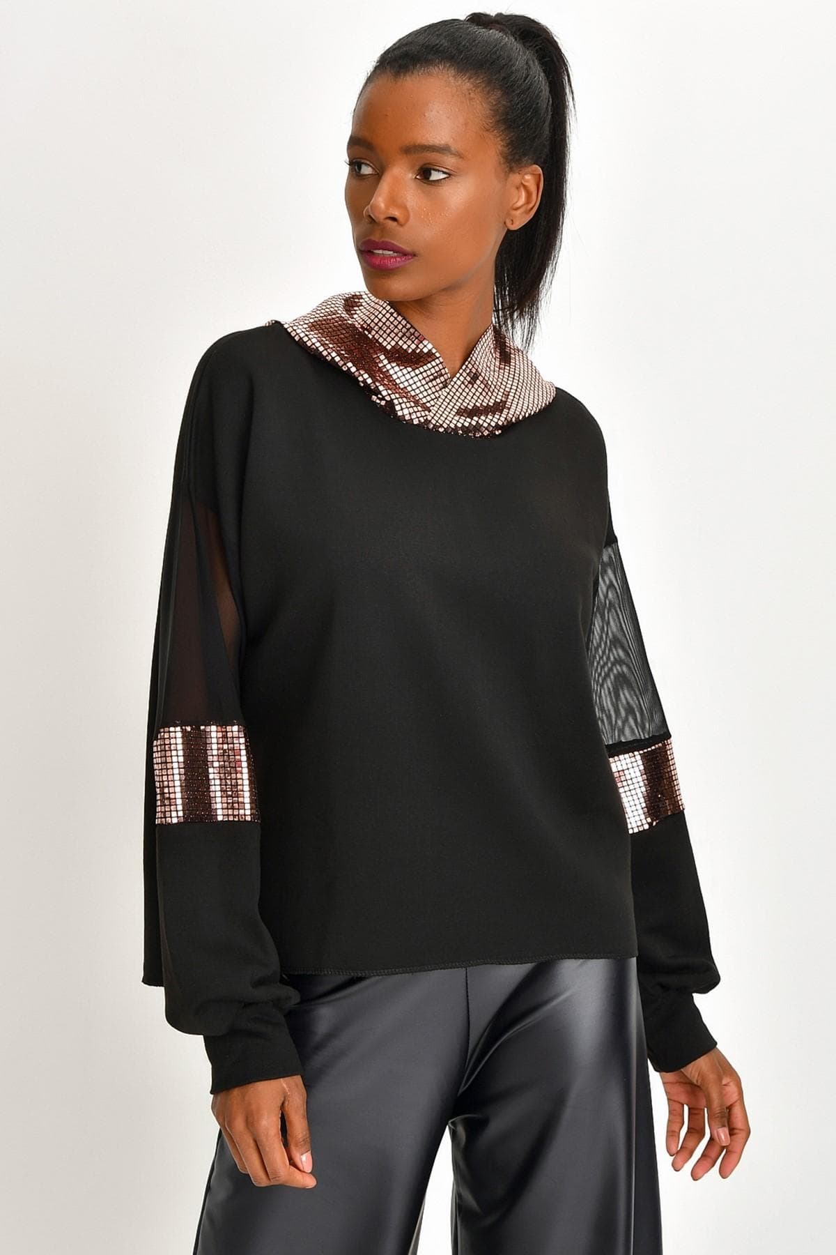 BAKIR SİYAH IŞILTILI SWEATSHIRT