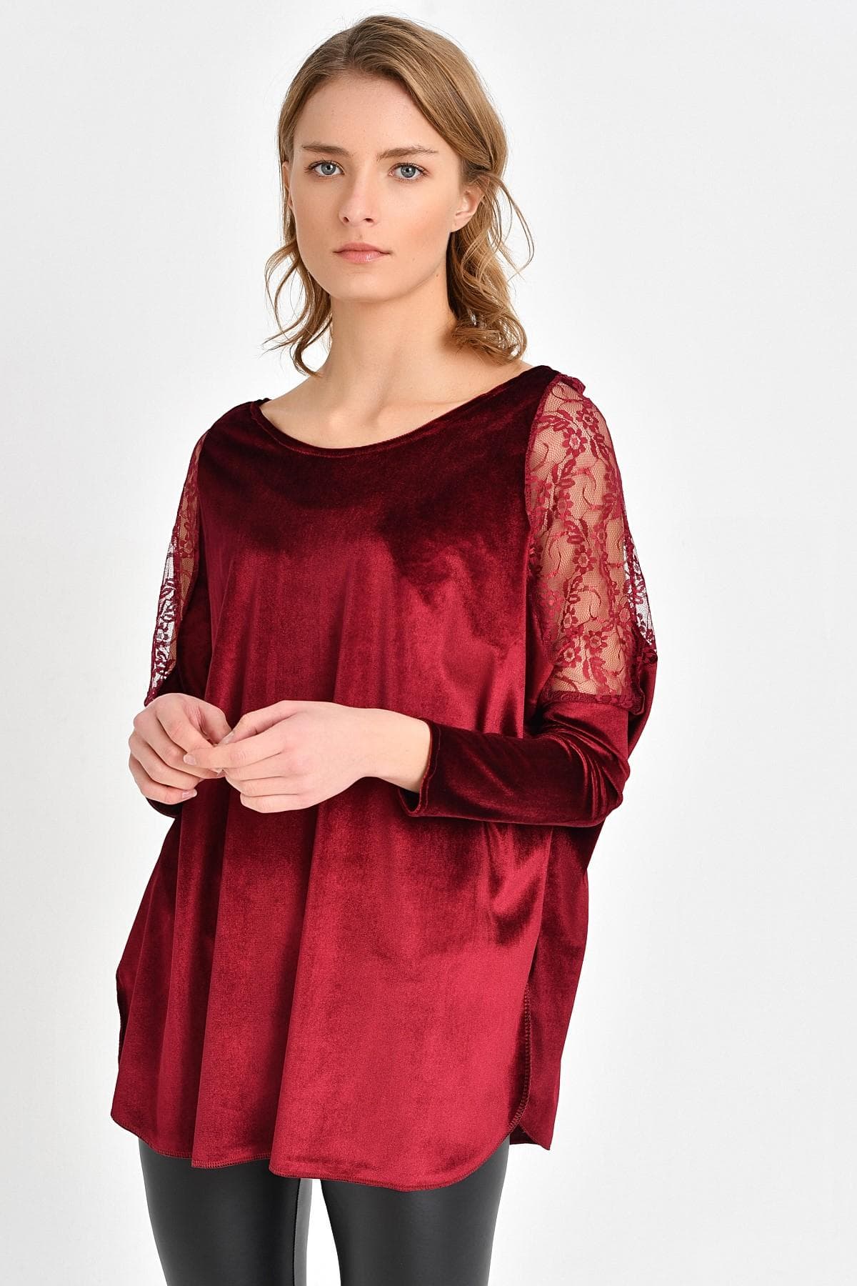 OMUZ DETAYLI BORDO KADİFE BLUZ