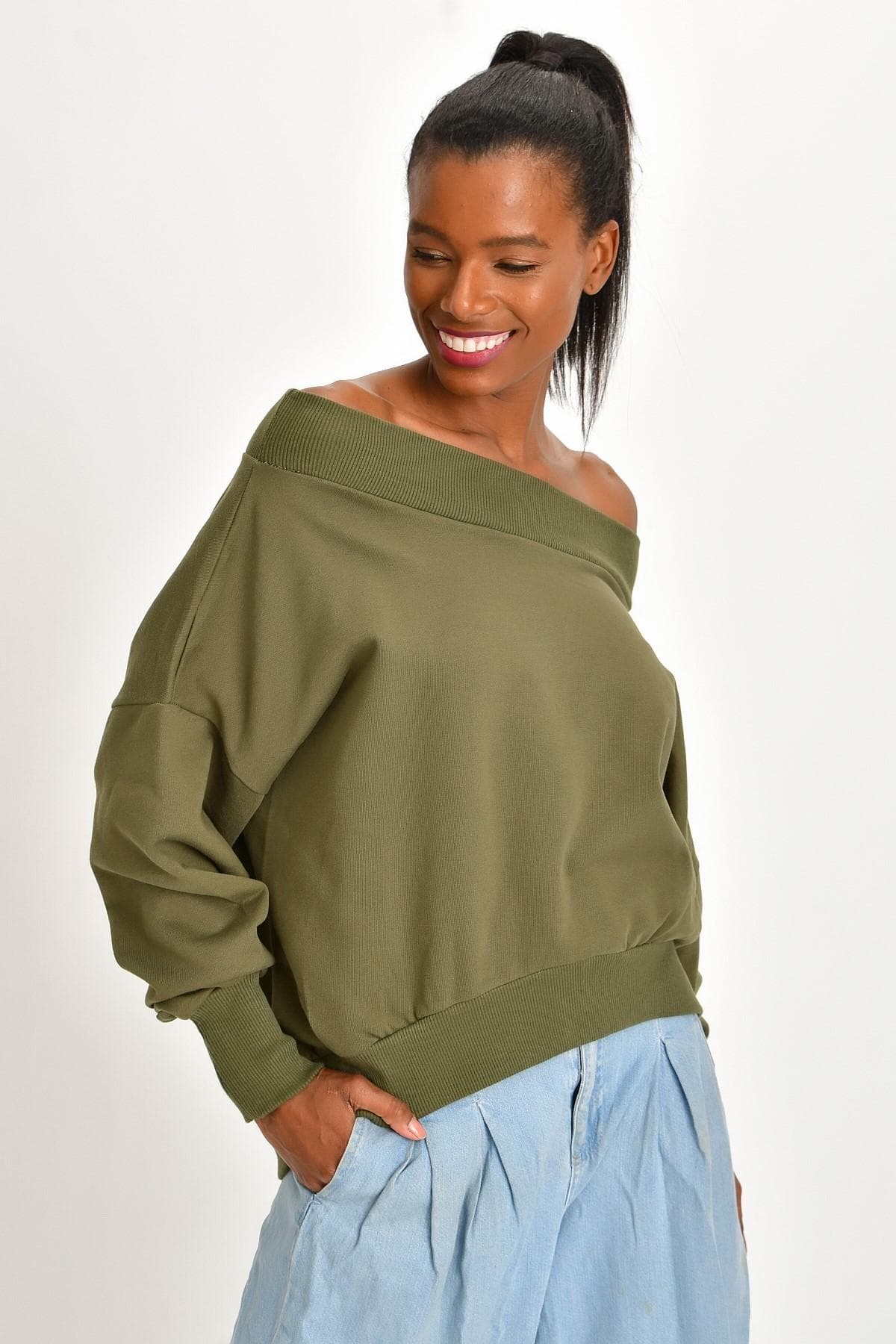 OMUZ DEKOLTELİ HAKİ SWEATSHIRT - 2