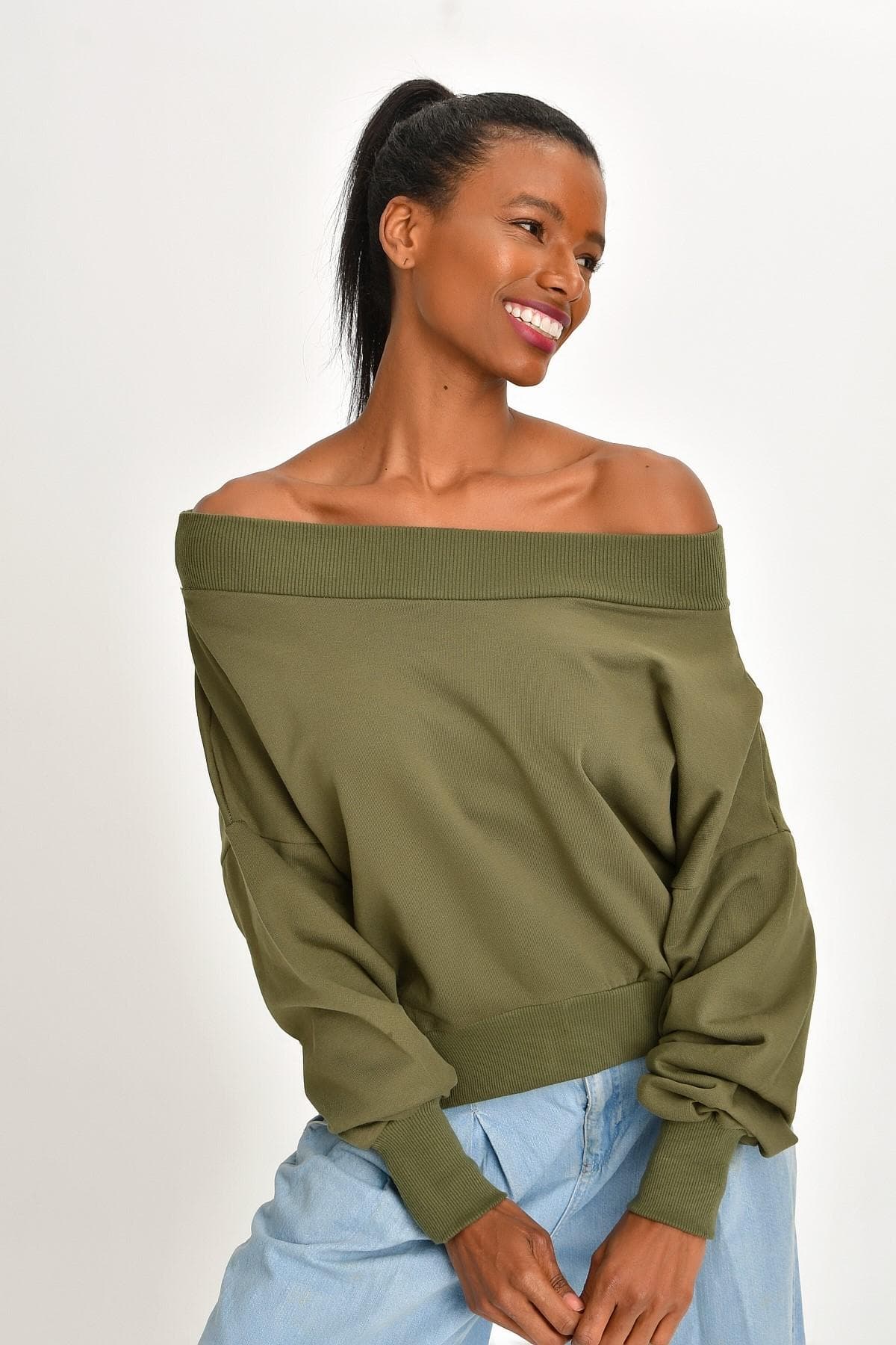 OMUZ DEKOLTELİ HAKİ SWEATSHIRT - 5
