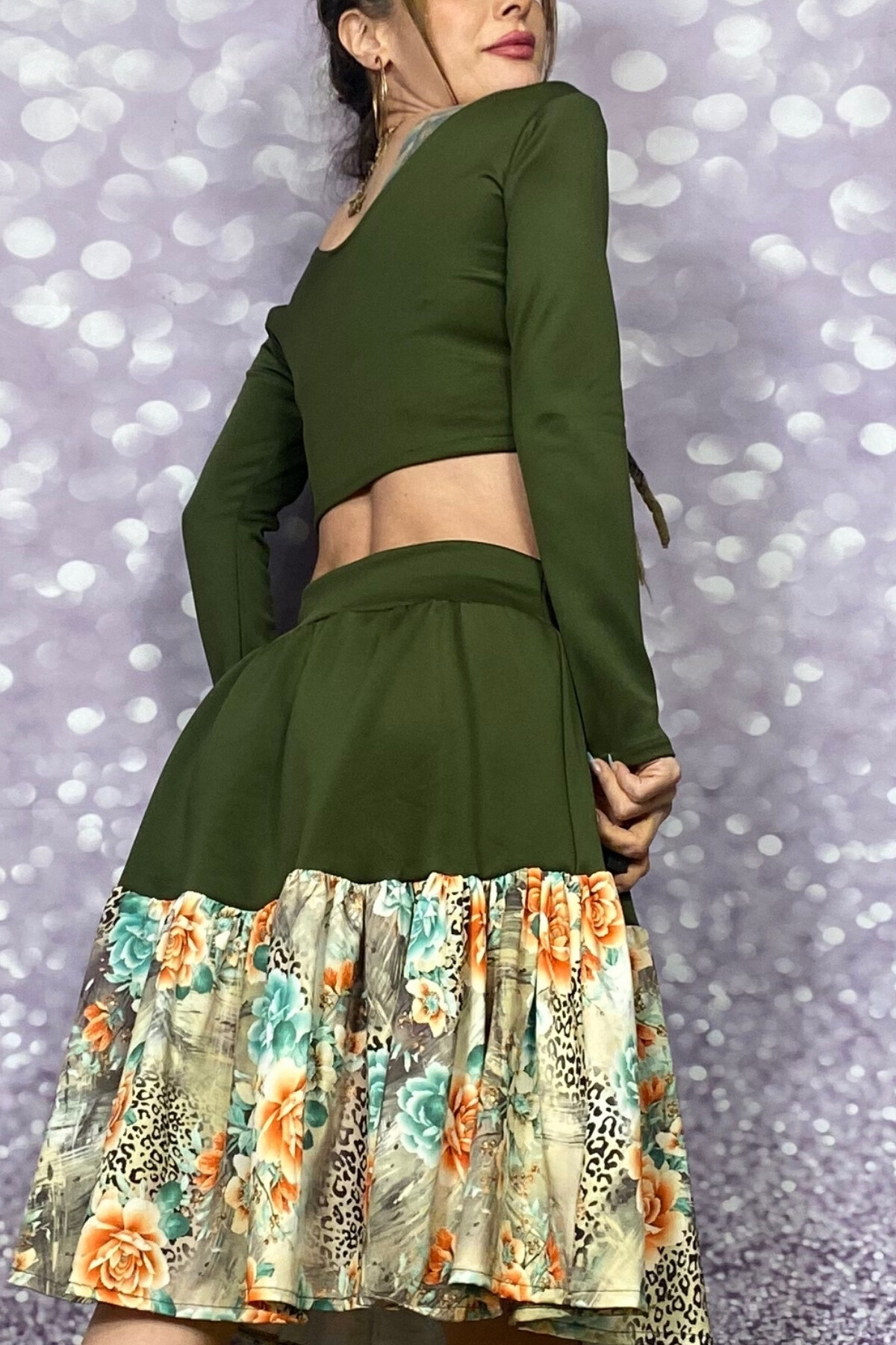 LİKRALI BALERİN YAKA CROP HAKİ SCUBA BLUZ