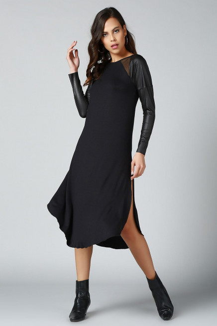 DERİ DETAYLI ELBİSE  