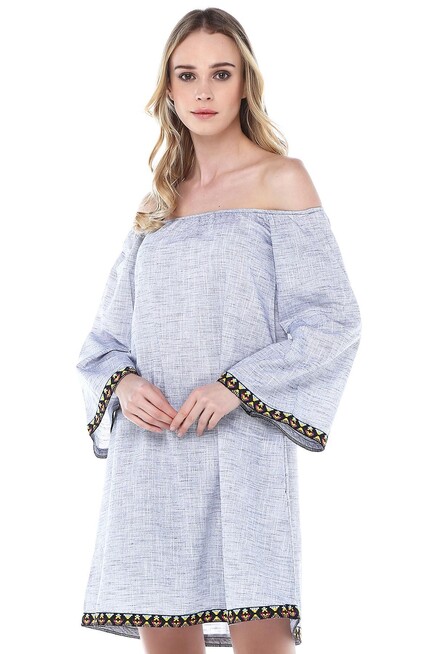 ETNİK ŞERİTLİ KETEN ELBİSE 