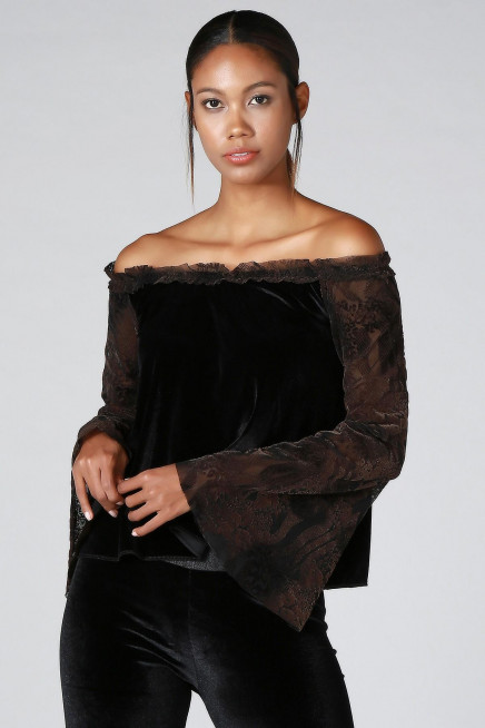 KOLU DANTEL KADİFE BLUZ  