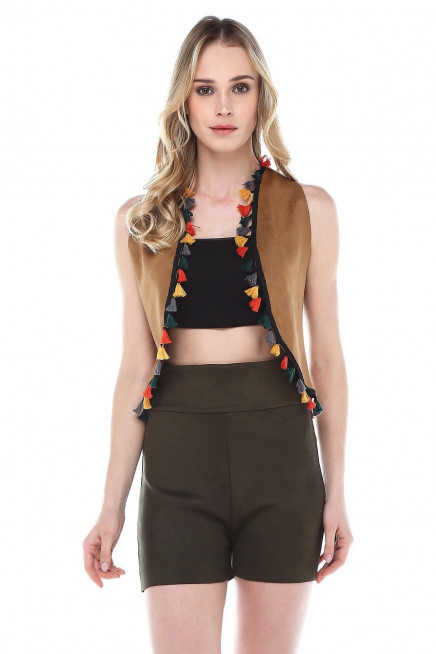 PÜSKÜLLÜ SÜET YELEK 