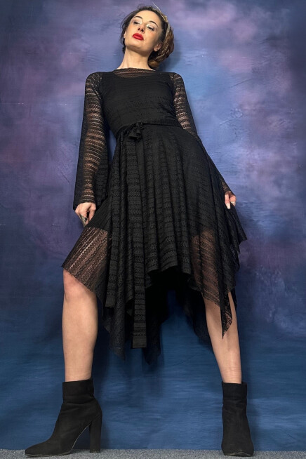 ASİMETRİK KESİM DANTEL İSPANYOL KOL ELBİSE SİYAH