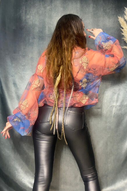 BALON KOLLU DÖKÜMLÜ İŞLEMELİ TÜL BLUZ 