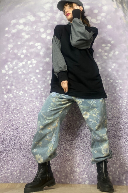 BİSİKLET YAKA BLOK RENK GRİ SİYAH SWEATSHİRT