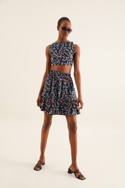 ÇİÇEK DESENLİ FIRFIRLI MİNİ ETEK