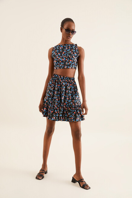 ÇİÇEK DESENLİ FIRFIRLI MİNİ ETEK