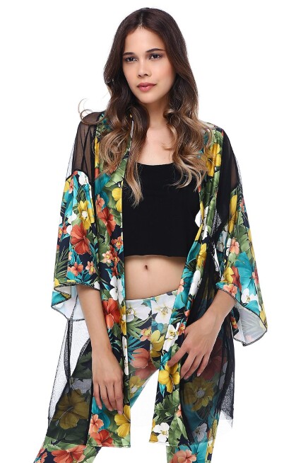 ÇİÇEK DESENLİ TÜL DETAYLI KİMONO  