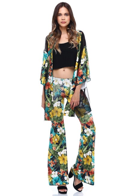 ÇİÇEK DESENLİ TÜL DETAYLI KİMONO  