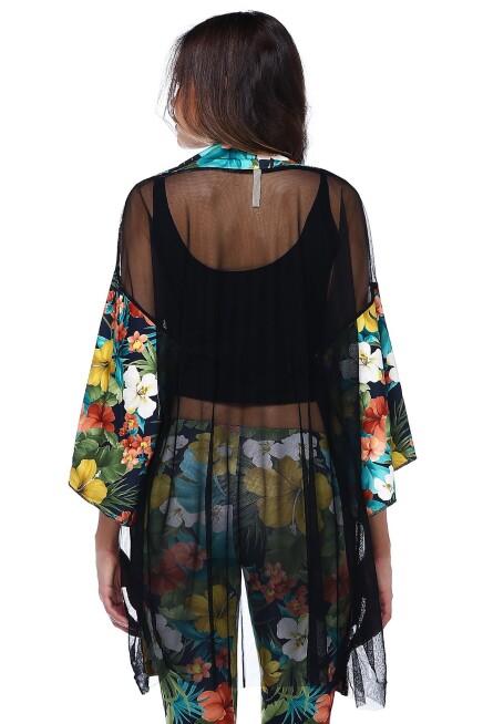 ÇİÇEK DESENLİ TÜL DETAYLI KİMONO  