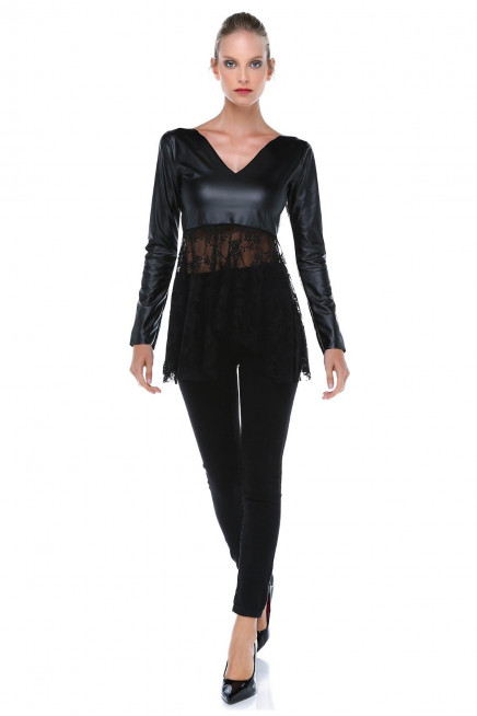 DANTEL DETAYLI DERİ BLUZ  