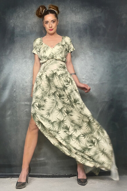 DESENLİ MAXİ UZUN YIRTMAÇLI YEŞİL ELBİSE