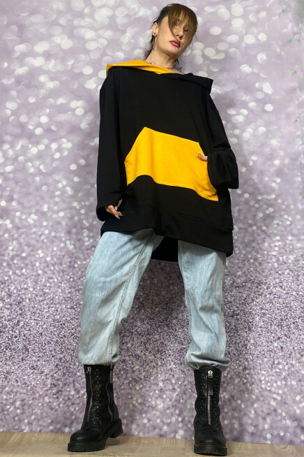 KAPŞONLU CEPLİ SARI SİYAH OVERSİZE SWEATSHİRT