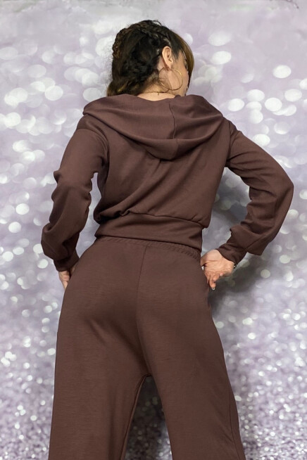 KAPŞONLU KAHVE CROP DÜŞÜK OMUZ BLUZ/SWEATSHİRT