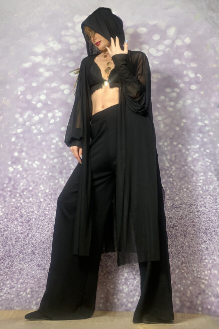 KAPŞONLU TÜL TRANSPARAN HIRKA / KİMONO