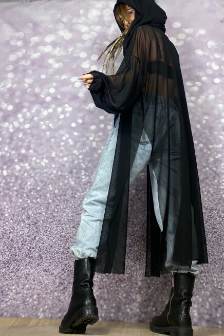 KAPŞONLU TÜL TRANSPARAN HIRKA / KİMONO