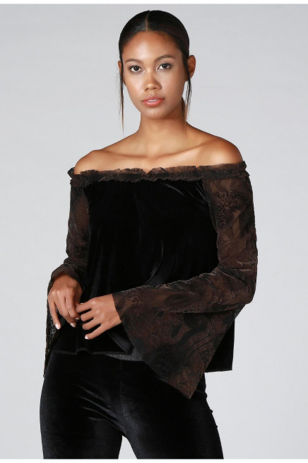 KOLU DANTEL KADİFE BLUZ  