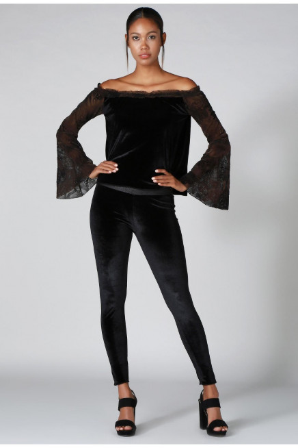 KOLU DANTEL KADİFE BLUZ  