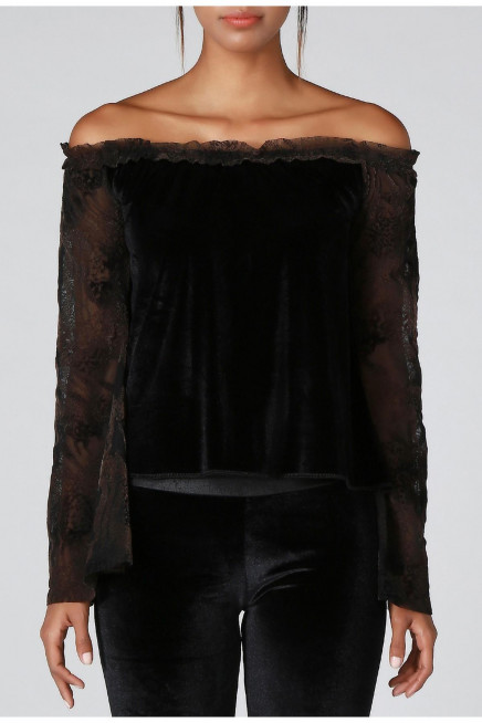 KOLU DANTEL KADİFE BLUZ  