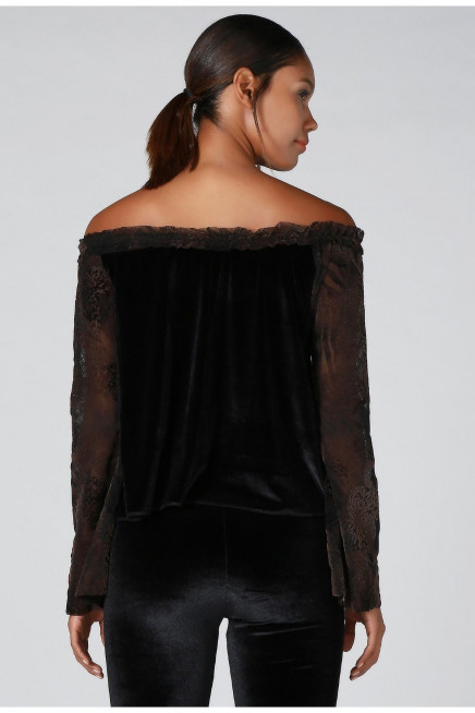 KOLU DANTEL KADİFE BLUZ  