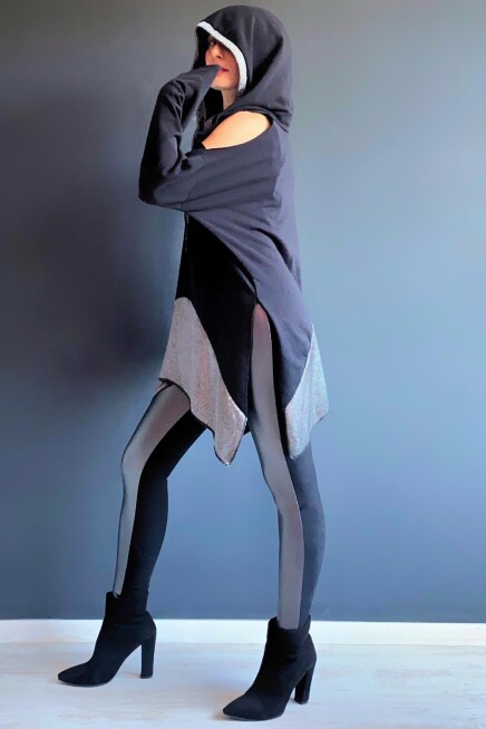 OMUZ DEKOLTELİ LAME PIRILTILI KAPŞONLU OVERSİZE SWEATSHİRT 