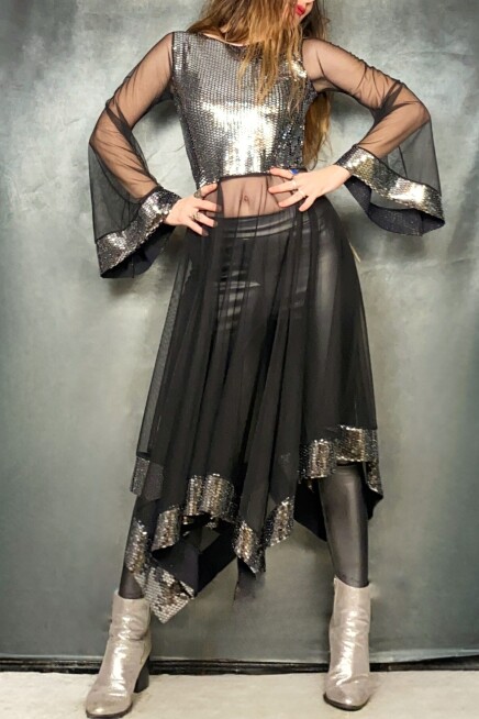 Parlak Gümüş Asimetrik Tüllü Maxi Tunik