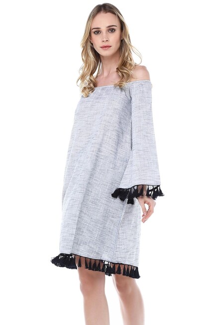 PÜSKÜLLÜ KETEN ELBİSE 