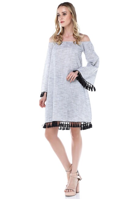 PÜSKÜLLÜ KETEN ELBİSE 