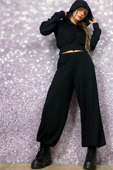 SİYAH LASTİKLİ PAÇA CEPLİ MODAL KUMAŞ PANTOLON /EŞOFMAN