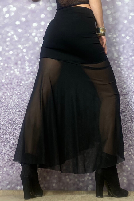 TRANSPARAN TÜL DETAY YIRTMAÇLI DAR KESİM SİYAH ETEK