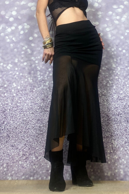 TRANSPARAN TÜL DETAY YIRTMAÇLI DAR KESİM SİYAH ETEK