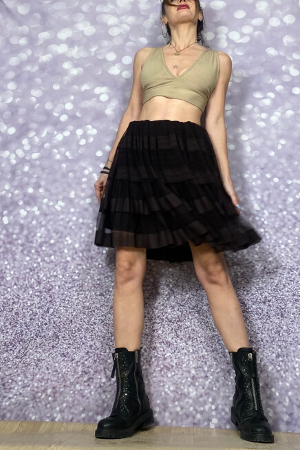 TÜL ŞERİTLİ BELİ LASTİKLİ DİZ BOY KAHVE ETEK