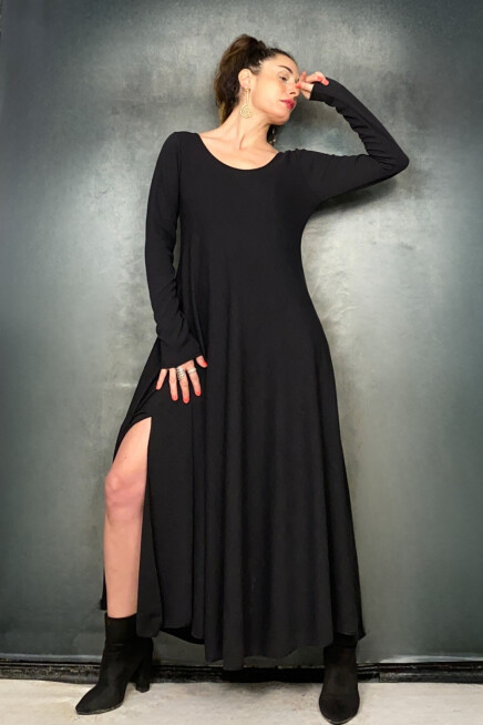 VEREV KESİM MAXİ YIRTMAÇLI YUMOŞ DÖKÜMLÜ ELBİSE