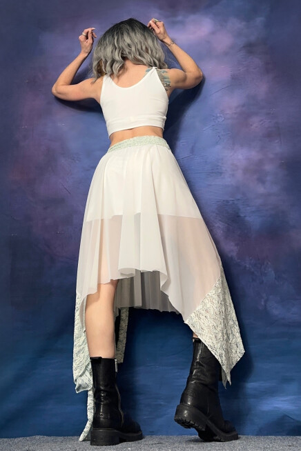 ASİMETRİK MAVİ EKRU DANTEL DETAYLI ETEK