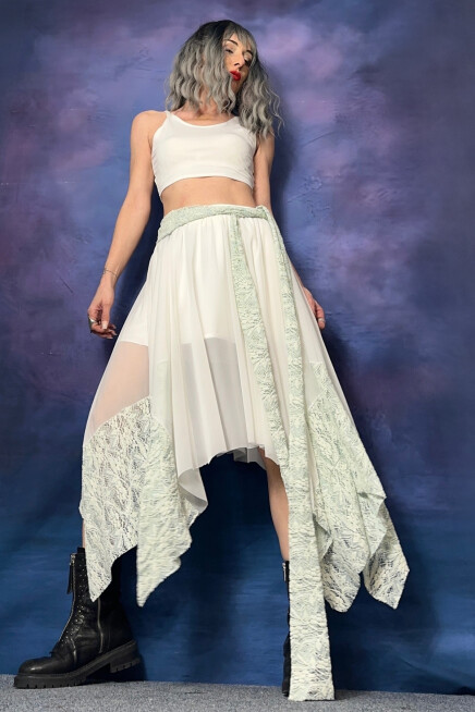 ASİMETRİK MAVİ EKRU DANTEL DETAYLI ETEK