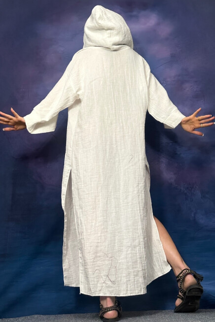 BAMBU BEYAZ KAPŞONLU PLAJ KİMONO HIRKA