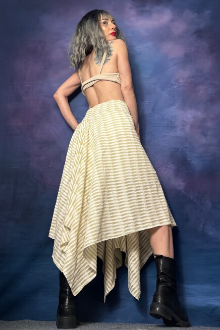 SİMLİ TRİKO ASİMETRİK ÇİZGİLİ BEJ ETEK