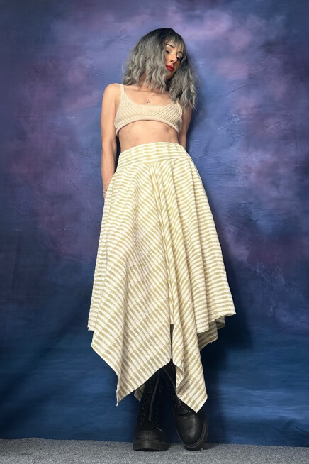 SİMLİ TRİKO ASİMETRİK ÇİZGİLİ BEJ ETEK