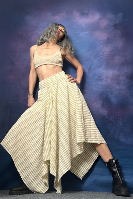 SİMLİ TRİKO ASİMETRİK ÇİZGİLİ BEJ ETEK